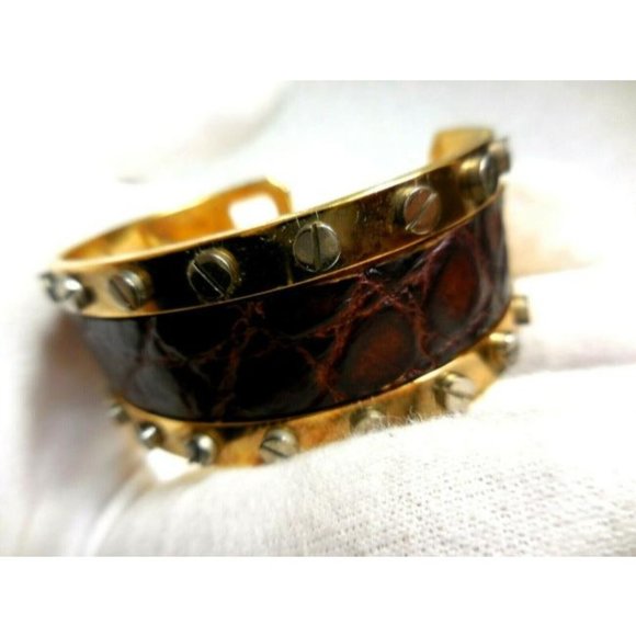 Dolce and Gabbana Brown Croc Gold Tone Cuff - Picture 3 of 11